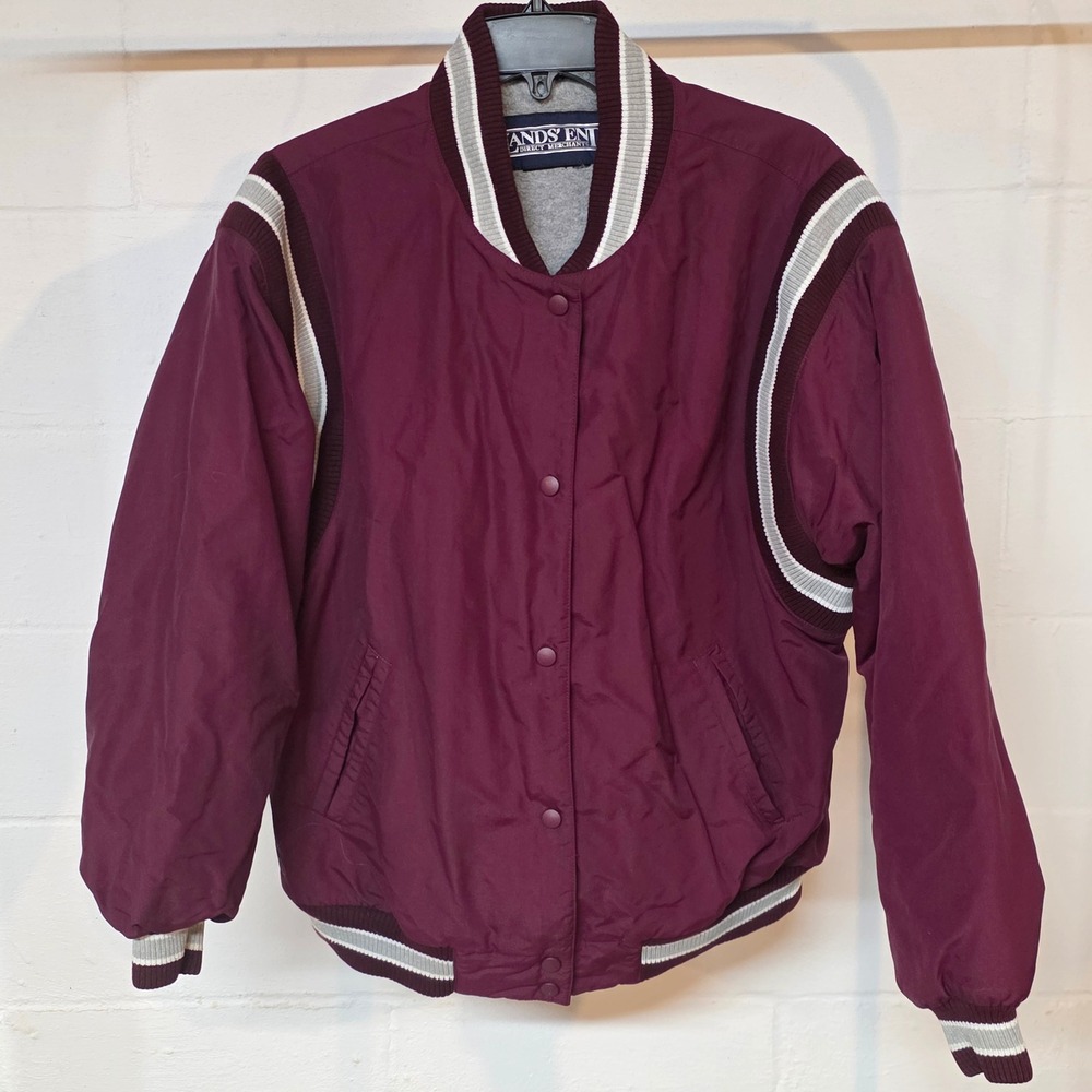 Vintage Lands End Burgundy Varsity Bomber Jacket Fleece Lined Grey White Mens L